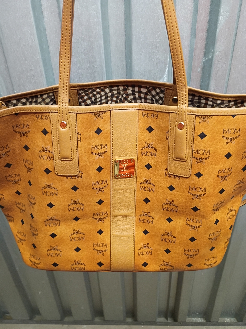 MCM Cognac Visetos Monogram Tote in Tan Leather